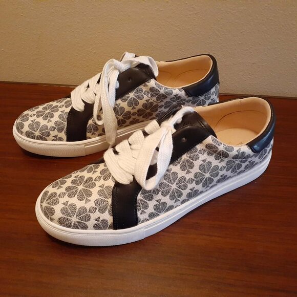 Kate Spade Erin Spade Flower Printed Leather Sneaker in White/Black - Picture 1 of 7